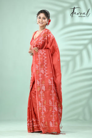 Red colour traditional Tussar silk handwoven jamdani saree - Tamal Boutique