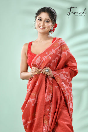 Red colour traditional Tussar silk handwoven jamdani saree - Tamal Boutique