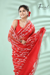 Red with Silver zari border traditional Handwoven Jamdani Saree - Tamal Boutique