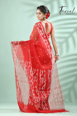 Red with Silver zari border traditional Handwoven Jamdani Saree - Tamal Boutique