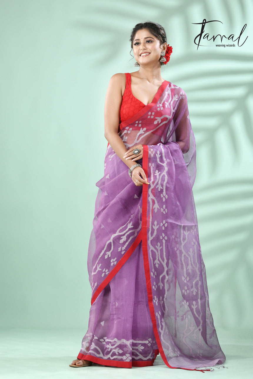 Lavender with red border traditional design muslin silk handwoven jamdani saree - Tamal Boutique