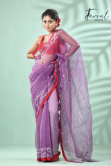 Lavender with red border traditional design muslin silk handwoven jamdani saree - Tamal Boutique
