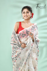 Offwhite with multi colour allover floral muslin silk handwoven jamdani saree - Tamal Boutique