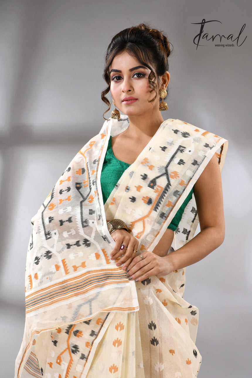 Ivory Splendor soft handloom dhaki jamdani saree - Tamal Boutique