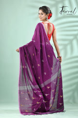 Strawberry pink cotton handwoven jamdani saree - Tamal Boutique