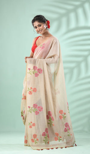 Cream colour with pink & Orange floral handloom silk cotton jamdani saree - Tamal Boutique
