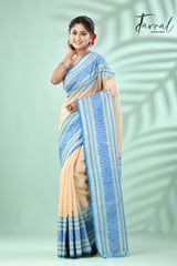light muga with sky & sea green border tussar silk handloom Mahapar saree - Tamal Boutique