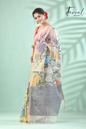 Off white with rainbow matching allover floral handwoven muslin silk jamdani saree - Tamal Boutique