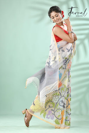 Off white with rainbow matching allover floral handwoven muslin silk jamdani saree - Tamal Boutique