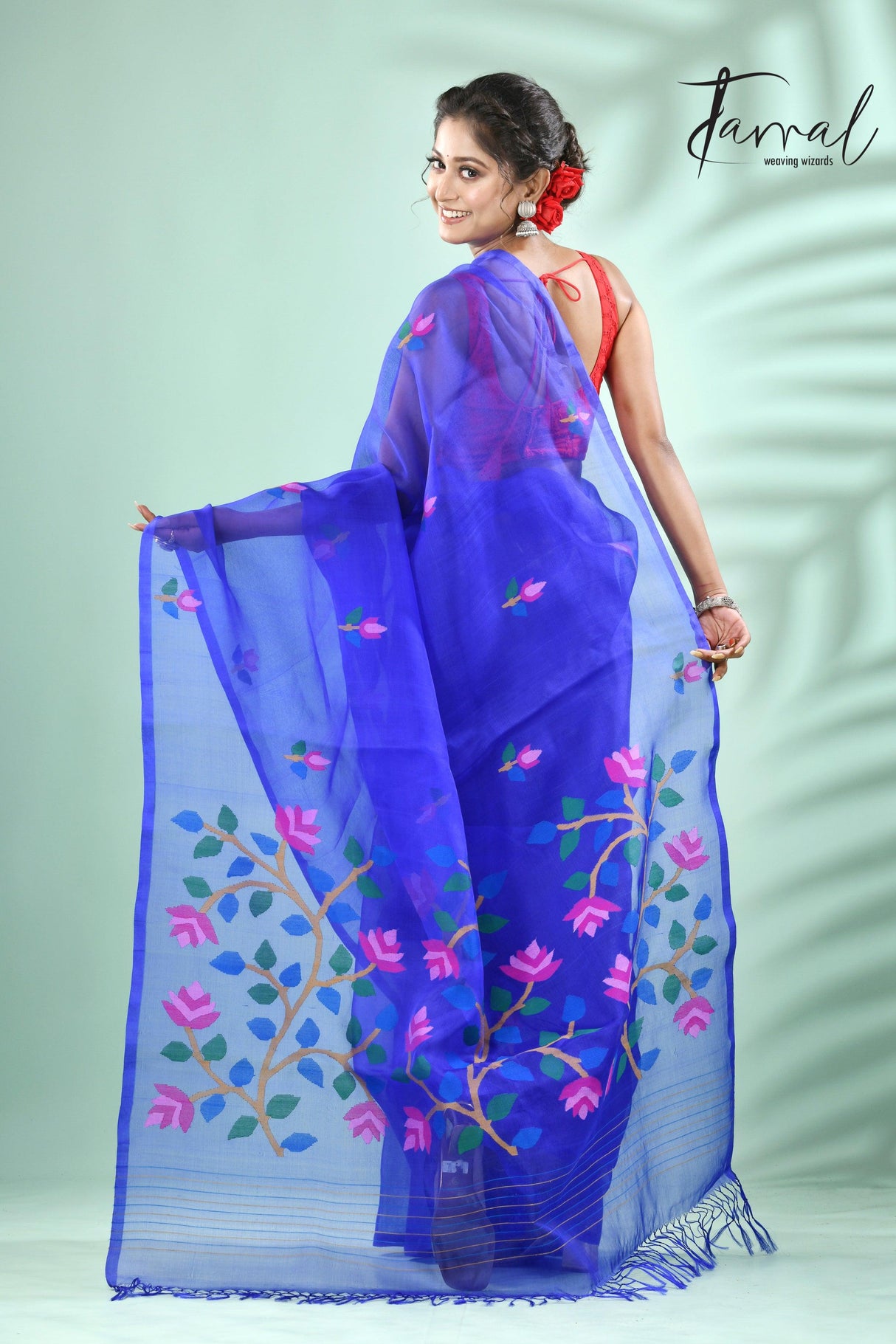 Royal blue floral muslin silk handwoven jamdani saree - Tamal Boutique
