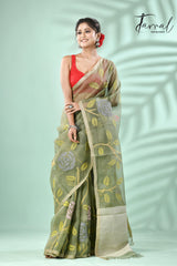 Moss Green rose motifs allover muslin silk hand woven jamdani saree - Tamal Boutique