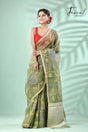 Moss Green rose motifs allover muslin silk hand woven jamdani saree - Tamal Boutique