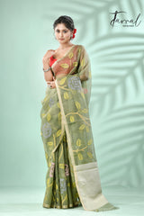 Moss Green rose motifs allover muslin silk hand woven jamdani saree - Tamal Boutique