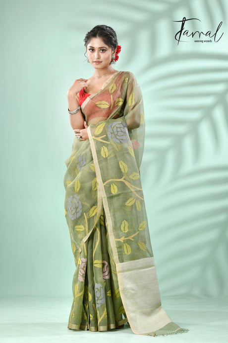 Moss Green rose motifs allover muslin silk hand woven jamdani saree - Tamal Boutique