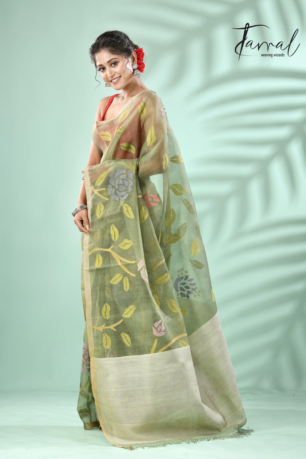 Moss Green rose motifs allover muslin silk hand woven jamdani saree - Tamal Boutique
