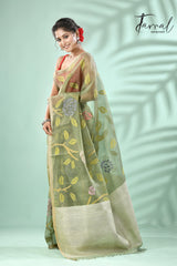 Moss Green rose motifs allover muslin silk hand woven jamdani saree - Tamal Boutique