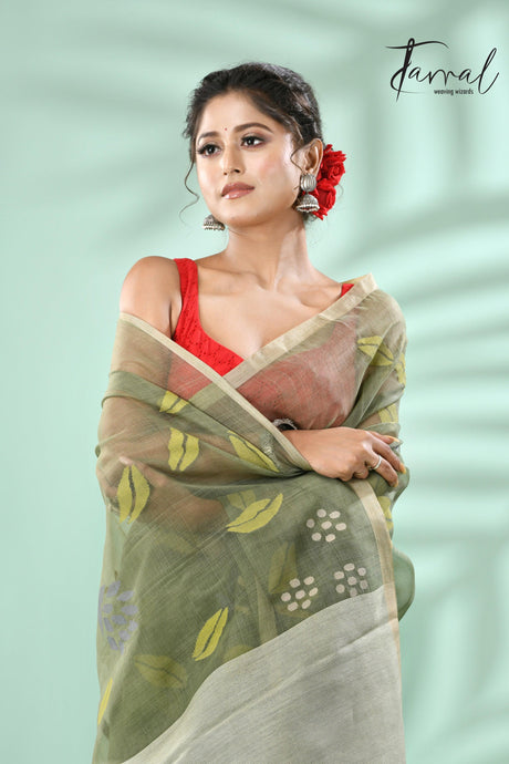Moss Green rose motifs allover muslin silk hand woven jamdani saree - Tamal Boutique