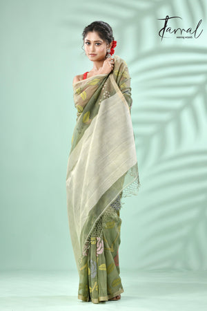 Moss Green rose motifs allover muslin silk hand woven jamdani saree - Tamal Boutique