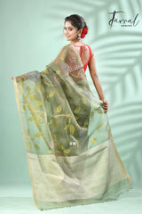 Moss Green rose motifs allover muslin silk hand woven jamdani saree - Tamal Boutique