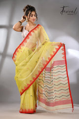 Lemon Yellow with red temple border muslin silk handwoven neddle work jamdani saree - Tamal Boutique