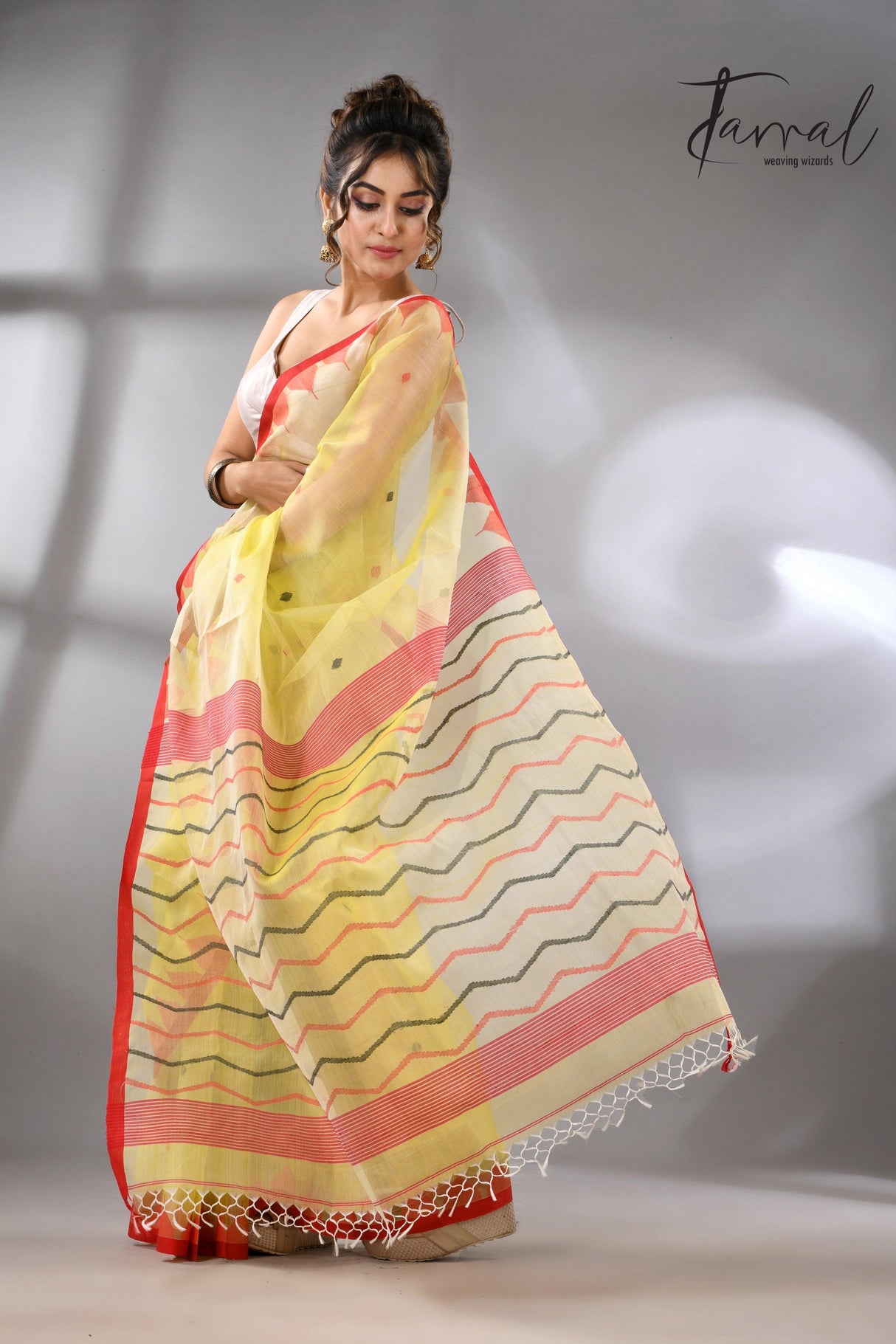 Lemon Yellow with red temple border muslin silk handwoven neddle work jamdani saree - Tamal Boutique