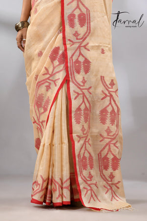 Muga with red border Tussar silk handwoven needle work jamdani saree - Tamal Boutique