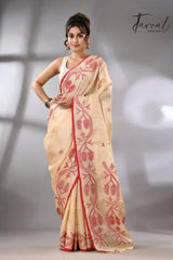 Muga with red border Tussar silk handwoven needle work jamdani saree - Tamal Boutique