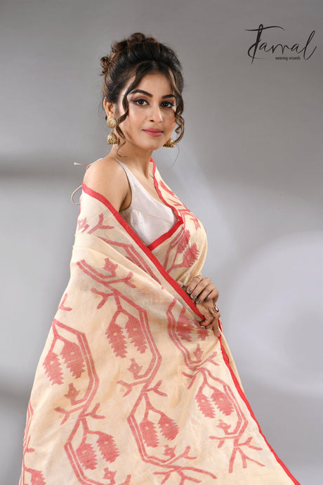 Muga with red border Tussar silk handwoven needle work jamdani saree - Tamal Boutique