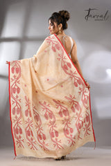 Muga with red border Tussar silk handwoven needle work jamdani saree - Tamal Boutique