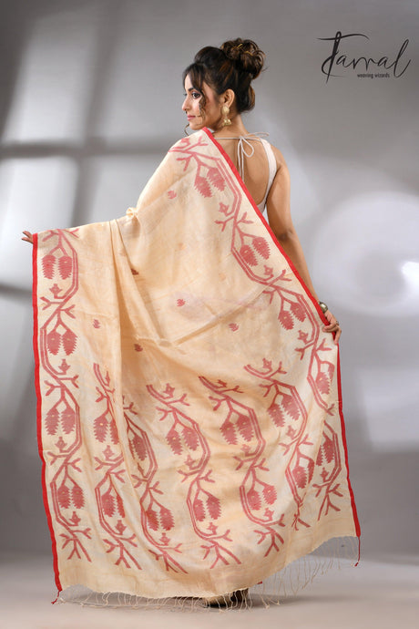 Muga with red border Tussar silk handwoven needle work jamdani saree - Tamal Boutique