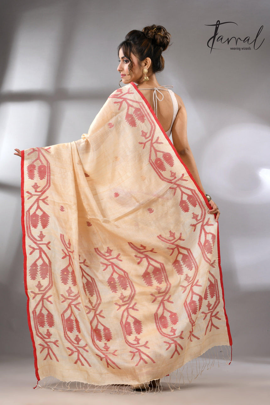 Muga with red border Tussar silk handwoven needle work jamdani saree - Tamal Boutique