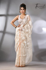 White self allover rose motifs muslin silk handwoven jamdani saree - Tamal Boutique