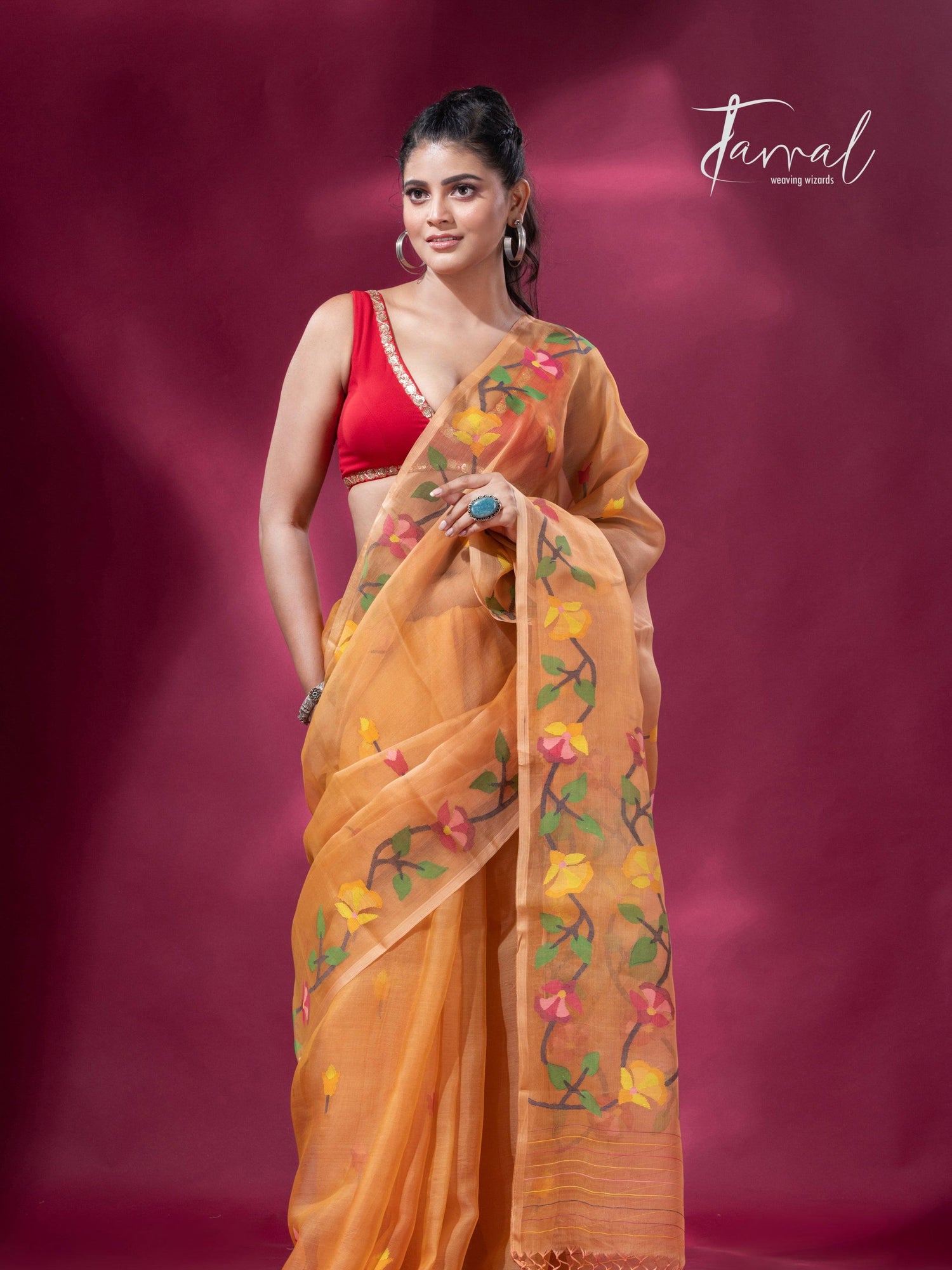 Saffron Floral Splendor muslin silk handwoven jamdani saree