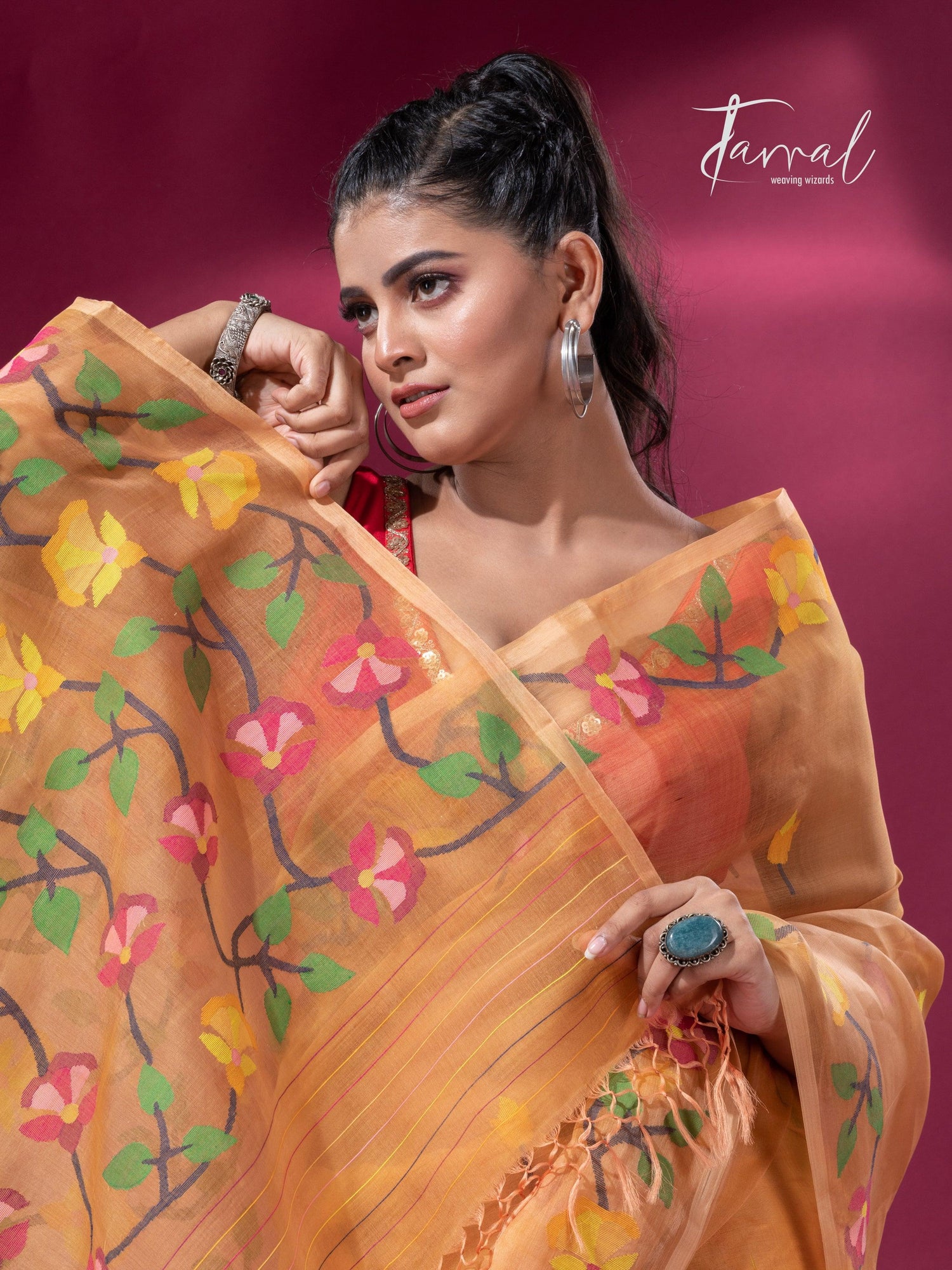 Saffron Floral Splendor muslin silk handwoven jamdani saree1