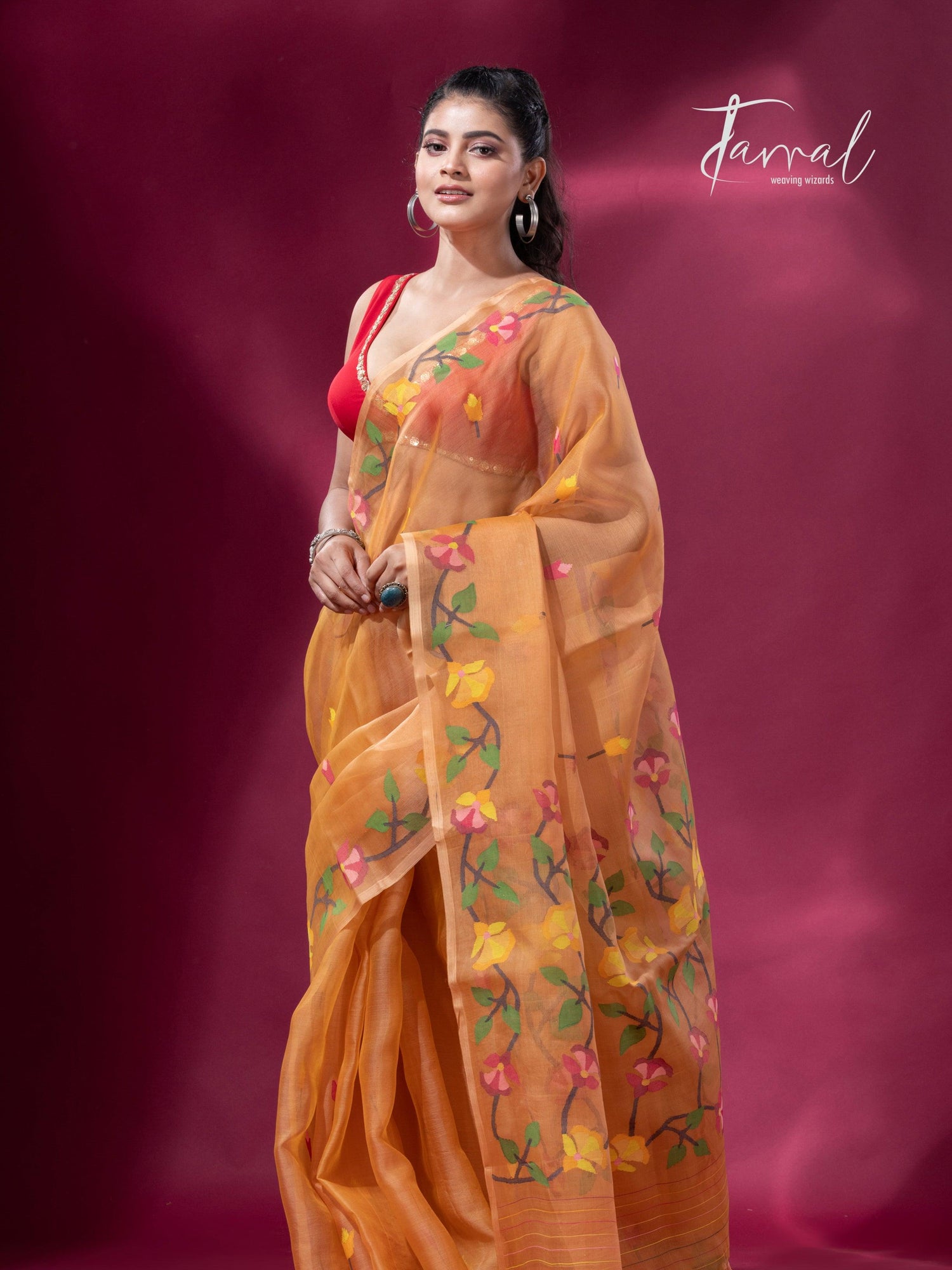 Saffron Floral Splendor muslin silk handwoven jamdani saree2