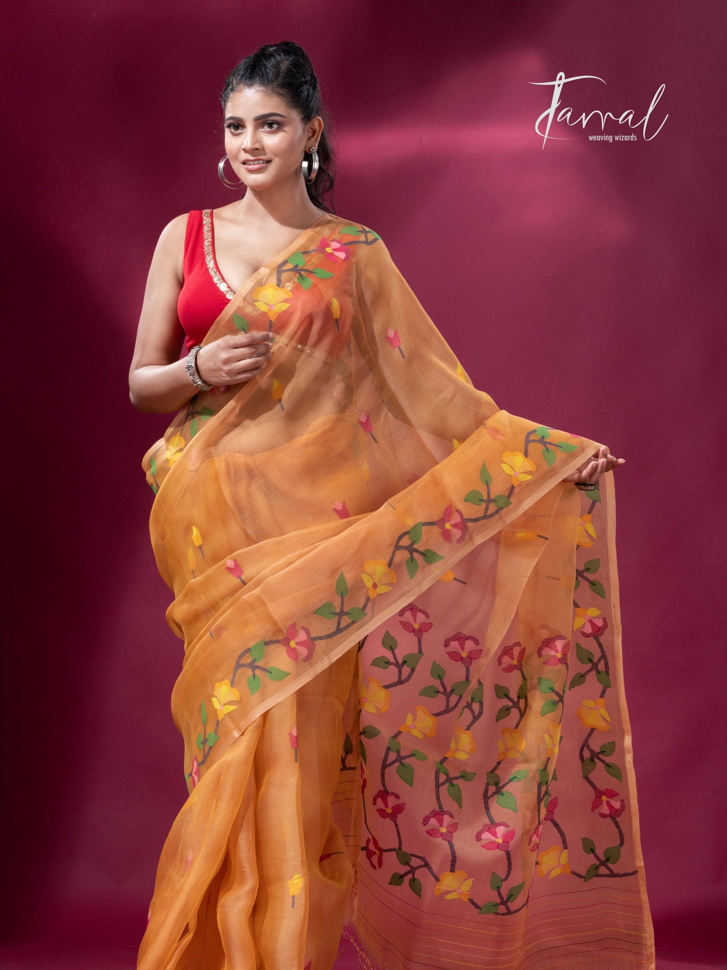 Saffron Floral Splendor muslin silk handwoven jamdani saree4