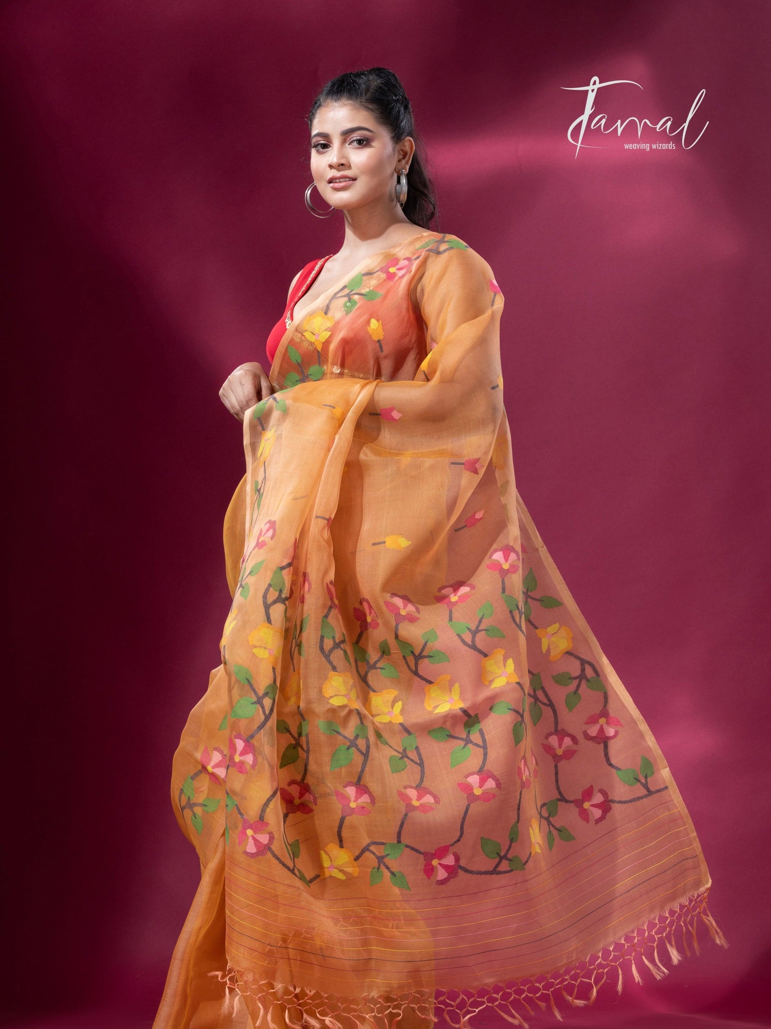 Saffron Floral Splendor muslin silk handwoven jamdani saree5