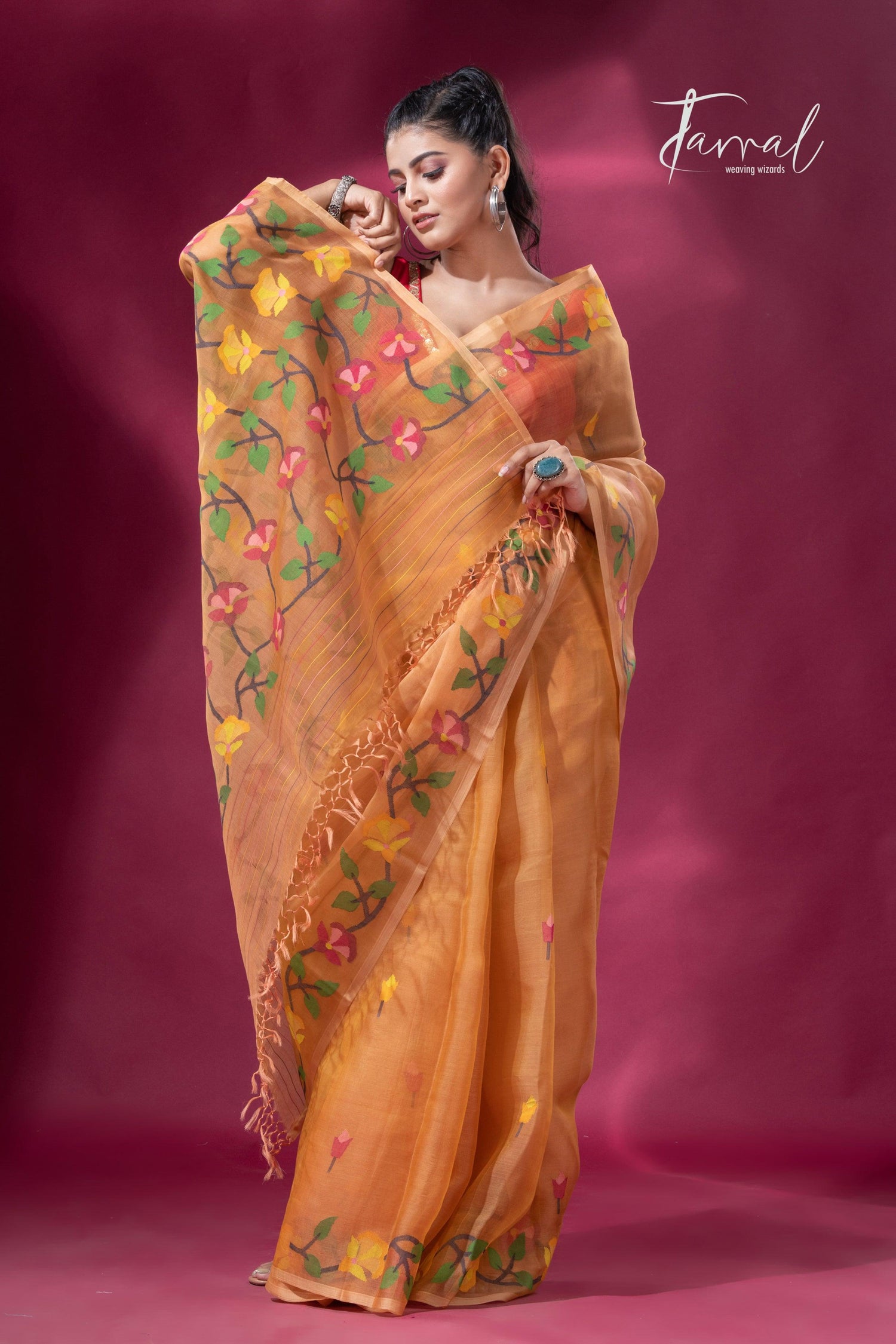 Saffron Floral Splendor muslin silk handwoven jamdani saree6