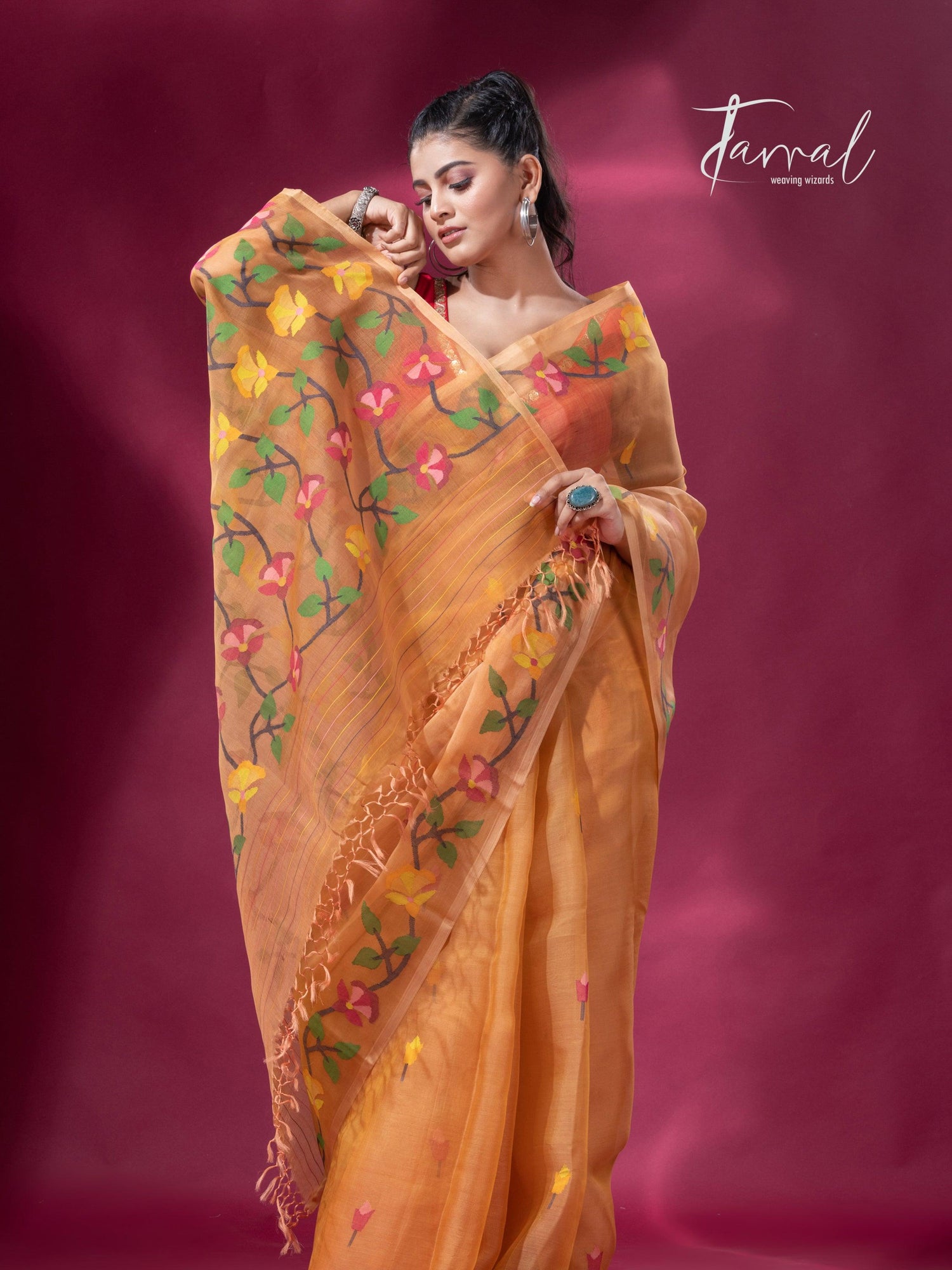 Saffron Floral Splendor muslin silk handwoven jamdani saree6