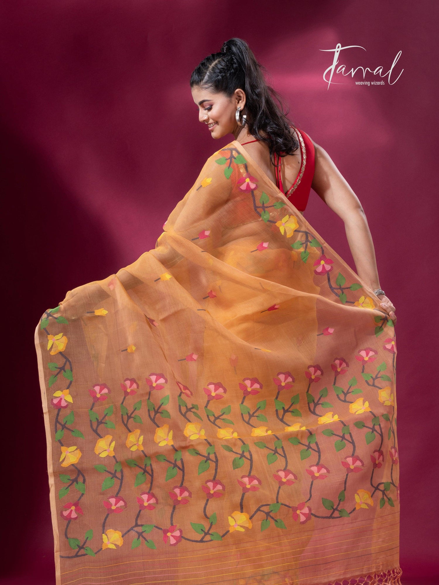 Saffron Floral Splendor muslin silk handwoven jamdani saree back