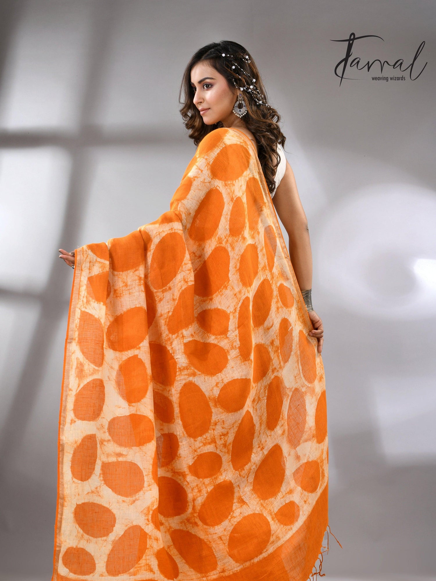 Saffron Linen Handcrafted Batik Silk Saree Back