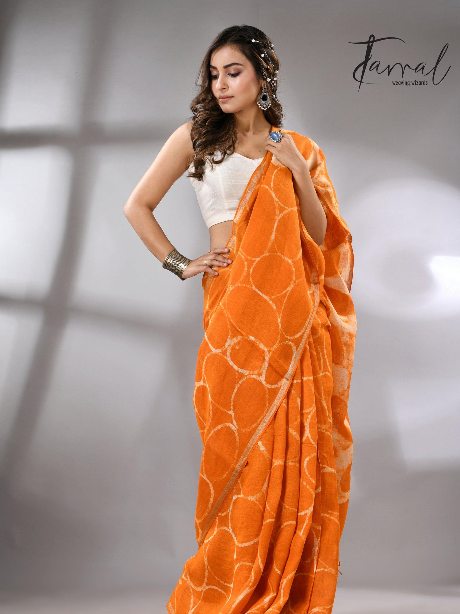 Saffron Linen Handcrafted Batik Silk Saree Full