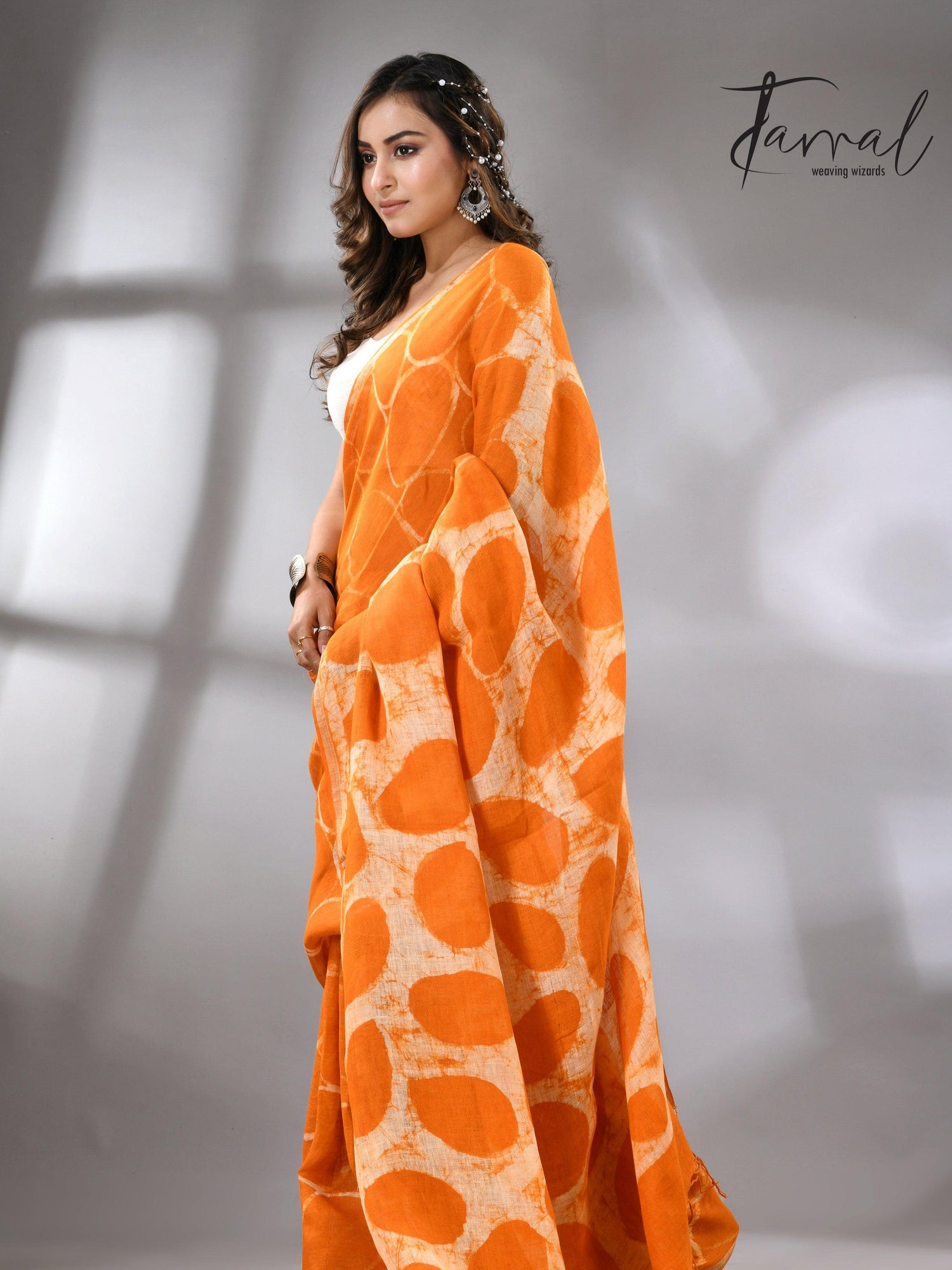 Saffron Linen Handcrafted Batik Silk Saree Left