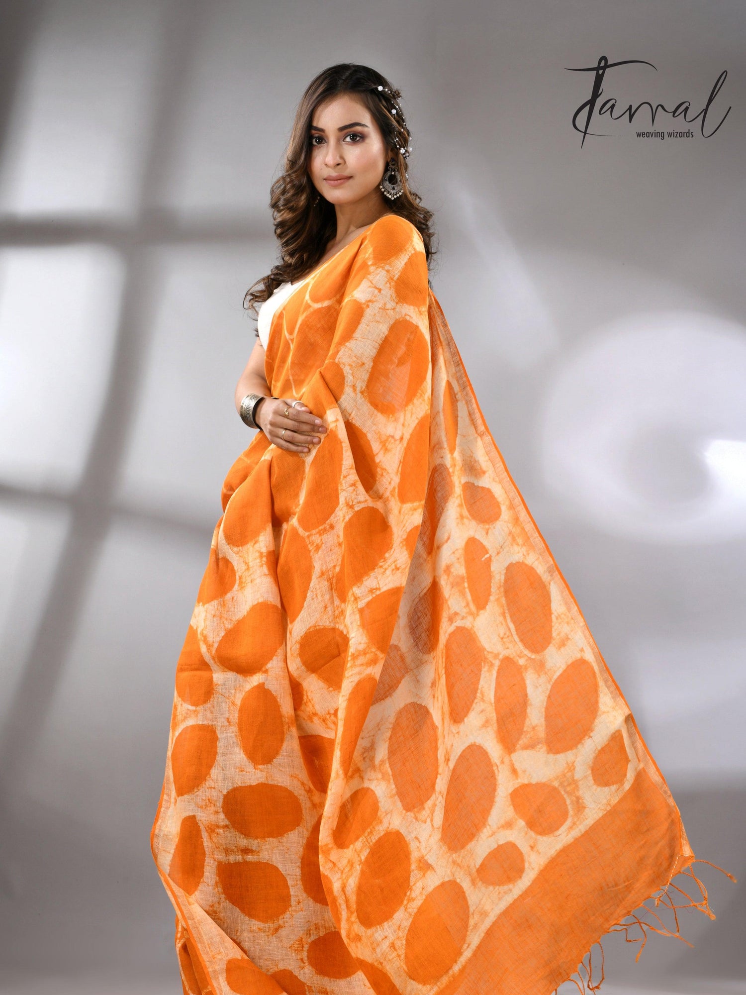 Saffron Linen Handcrafted Batik Silk Saree Left2