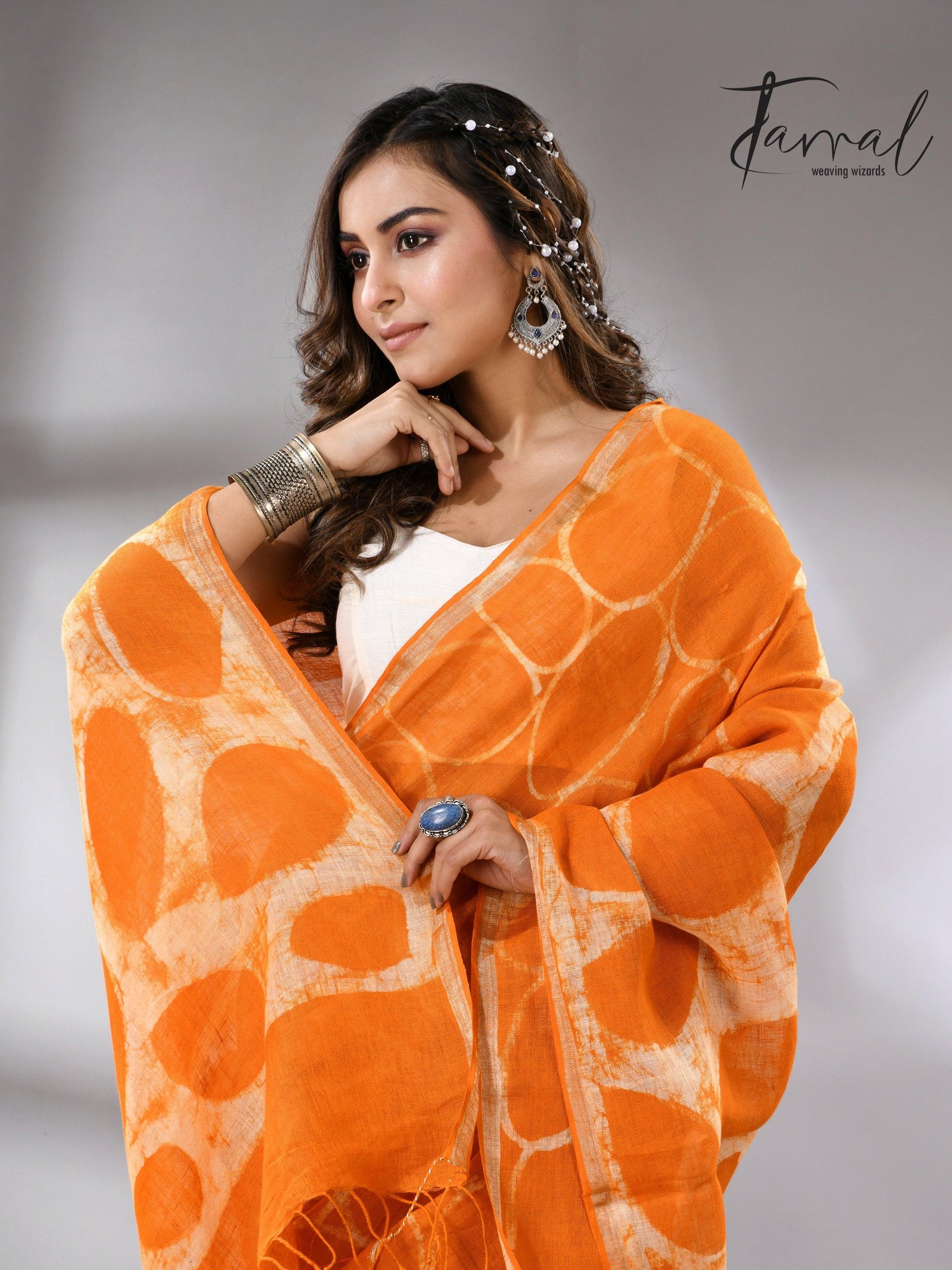 Saffron Linen Handcrafted Batik Silk Saree closeup