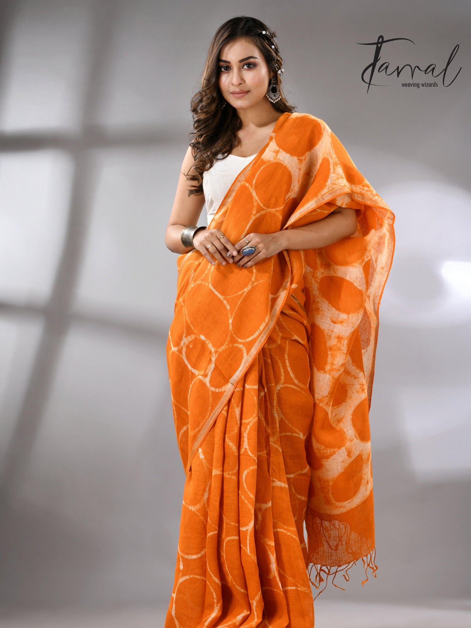 Saffron Linen Handcrafted Batik Silk Saree front