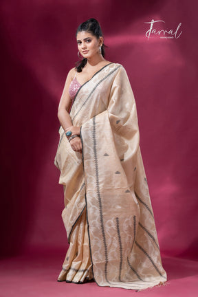 Sandalwood traditional handwoven Jamdani Black Border Saree