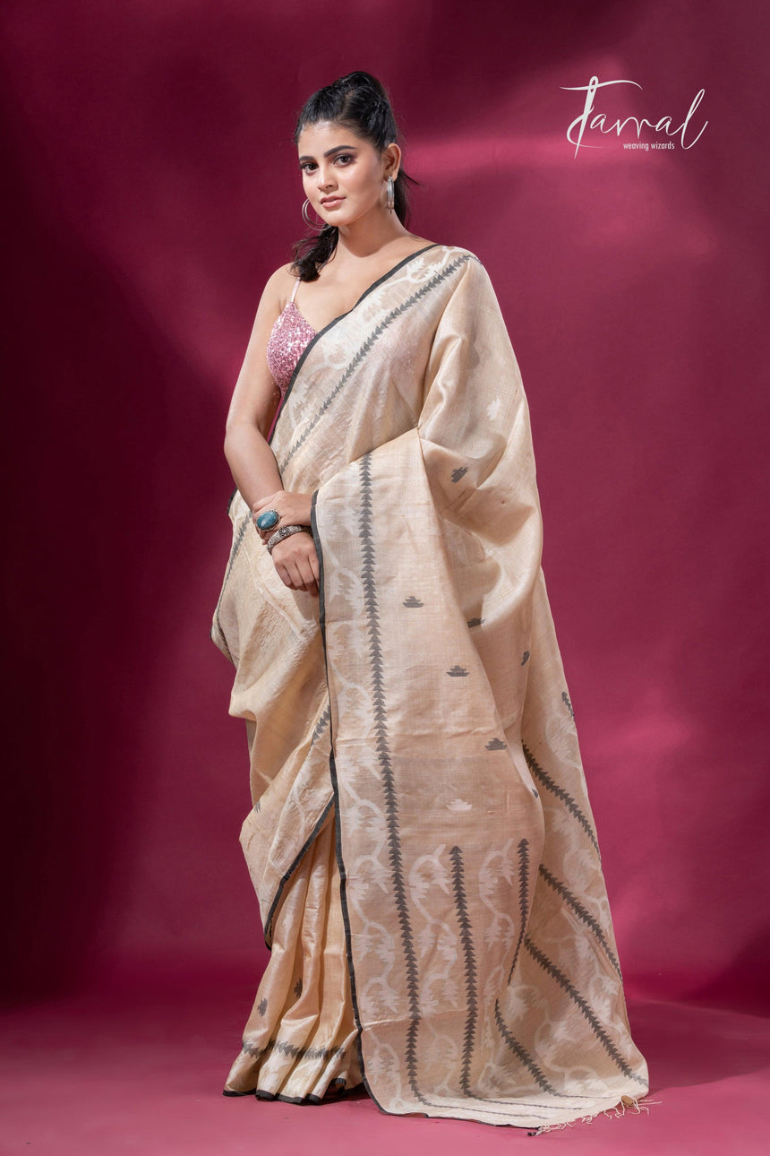 Sandalwood traditional handwoven Jamdani Black Border Saree
