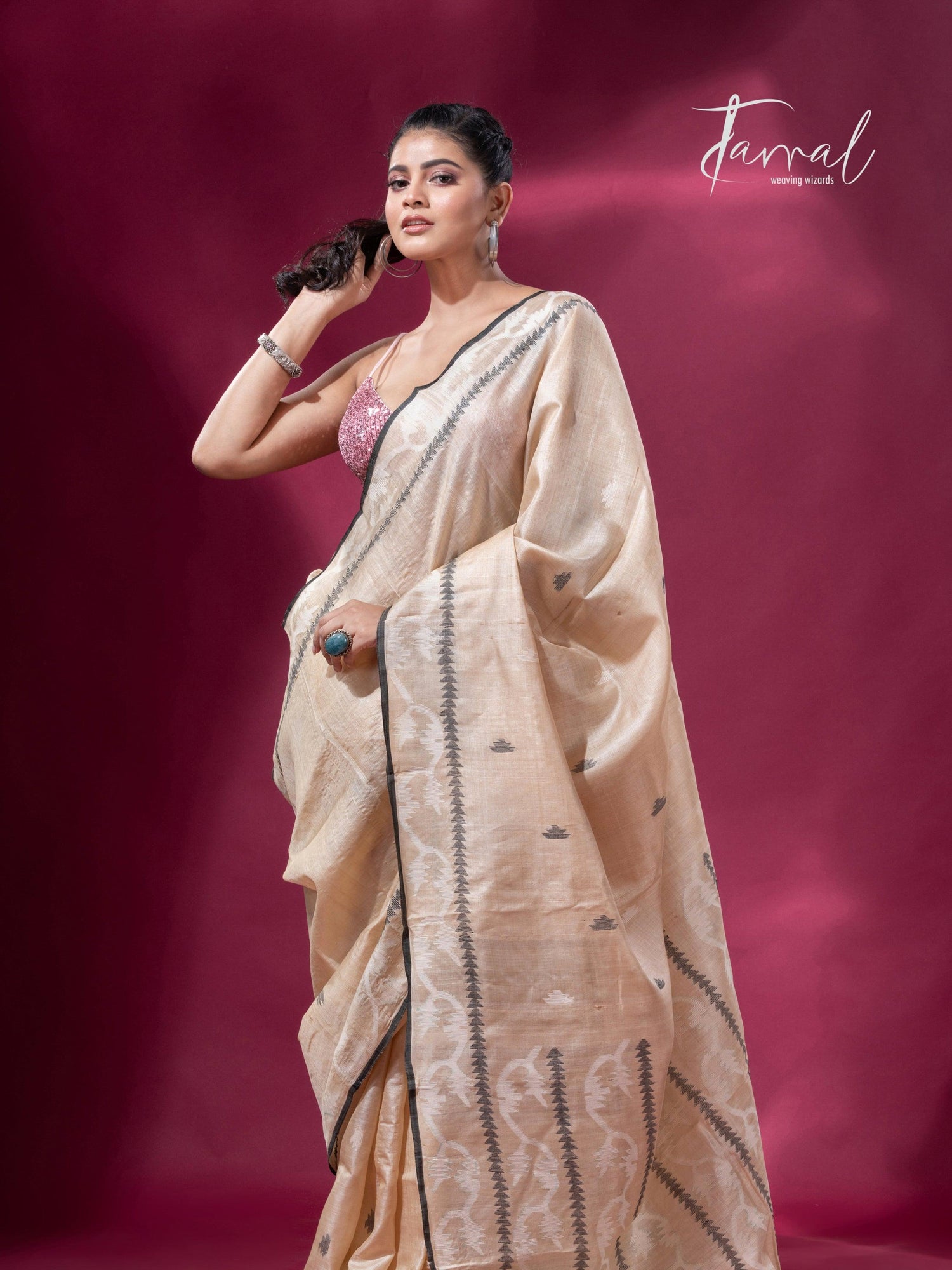 Sandalwood traditional handwoven Jamdani Black Border Saree full