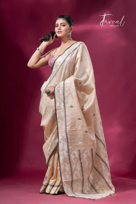 Sandalwood traditional handwoven Jamdani Black Border Saree full